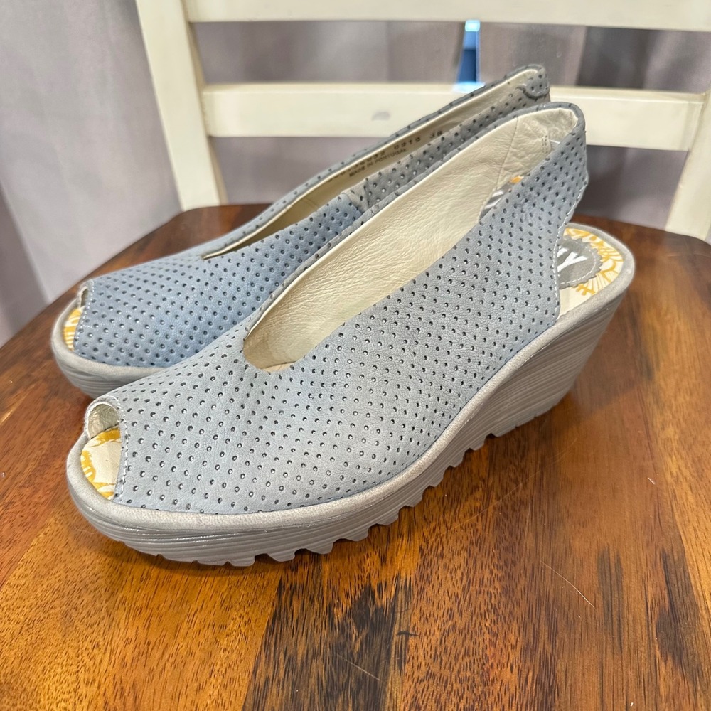 Fly London Wedge Sandal Women Blue Gray Perforated Leather Peep Toe Slingback 38